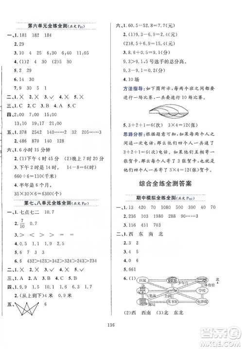 陕西人民教育出版社2021小学教材全练三年级下册数学人教版参考答案