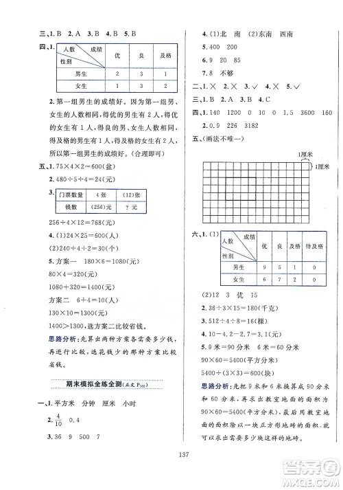 陕西人民教育出版社2021小学教材全练三年级下册数学人教版参考答案