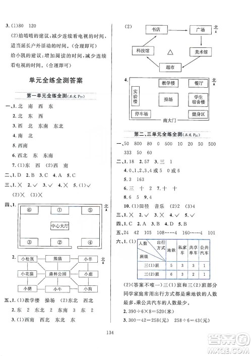 陕西人民教育出版社2021小学教材全练三年级下册数学人教版参考答案