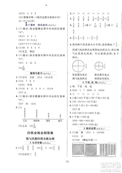 陕西人民教育出版社2021小学教材全练三年级下册数学北京师大版参考答案