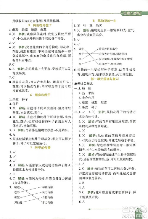 陕西人民教育出版社2021小学教材全解四年级下册科学教育科学版参考答案