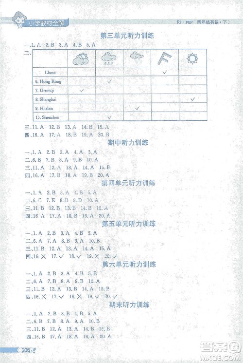 陕西人民教育出版社2021小学教材全解四年级下册英语三年级起点人教PEP版参考答案