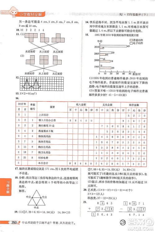 陕西人民教育出版社2021小学教材全解四年级下册数学人教版参考答案