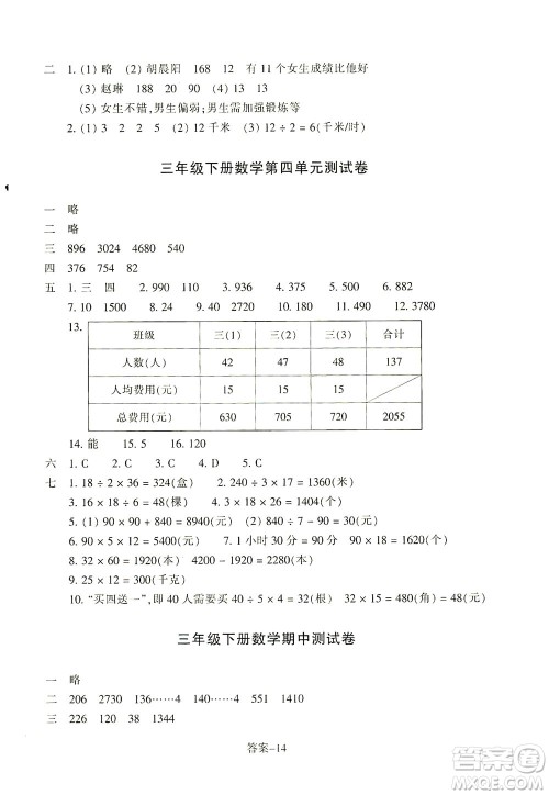 浙江少年儿童出版社2021每课一练三年级下册小学数学R人教版答案