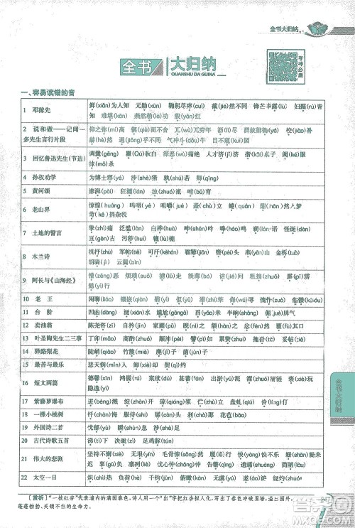 陕西人民教育出版社2021中学教材全解七年级语文下册人教版参考答案