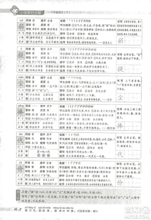 陕西人民教育出版社2021小学教材全解三年级语文下册人教版参考答案