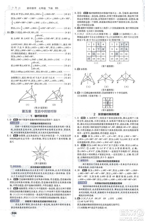 开明出版社2021少年班初中数学七年级下册北师大版参考答案