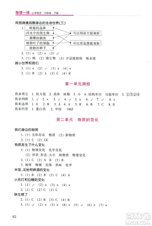 浙江少年儿童出版社2021每课一练六年级下册小学科学J教科版优化版答案