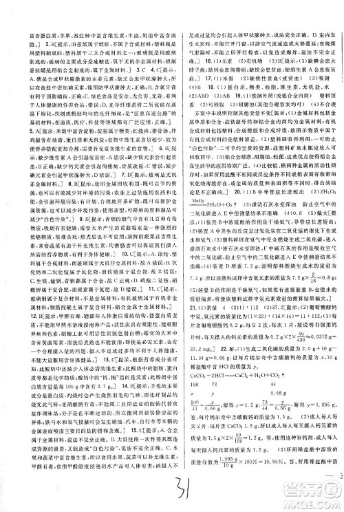 吉林人民出版社2021全科王同步课时练习测试卷化学九年级下册新课标人教版答案