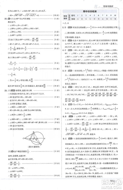 开明出版社2021少年班初中数学九年级下册人教版参考答案