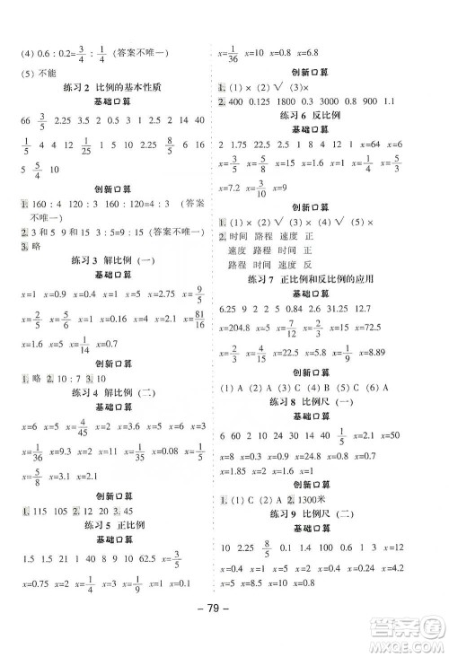 河北少年儿童出版社2021小学口算提优训练数学六年级下册人教版参考答案