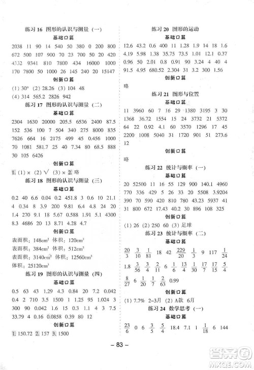河北少年儿童出版社2021小学口算提优训练数学六年级下册人教版参考答案