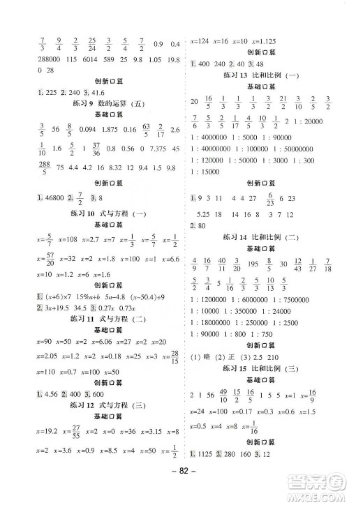 河北少年儿童出版社2021小学口算提优训练数学六年级下册人教版参考答案