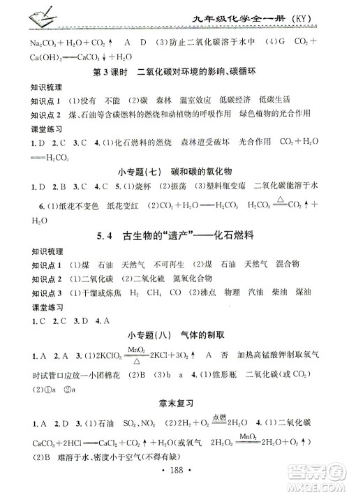 广东经济出版社2021名校课堂小练习化学九年级全一册KY科粤版答案