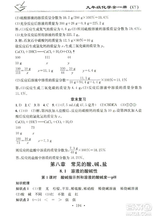 广东经济出版社2021名校课堂小练习化学九年级全一册KY科粤版答案