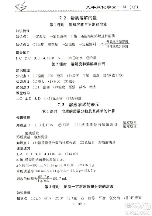 广东经济出版社2021名校课堂小练习化学九年级全一册KY科粤版答案