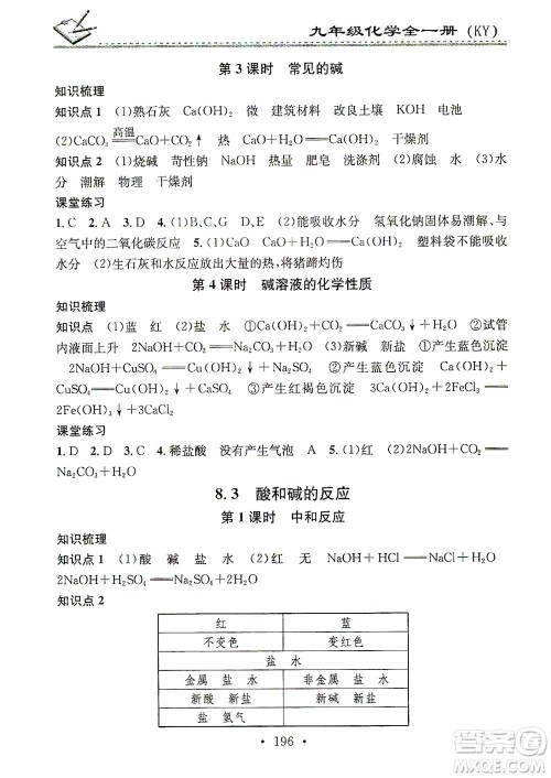 广东经济出版社2021名校课堂小练习化学九年级全一册KY科粤版答案