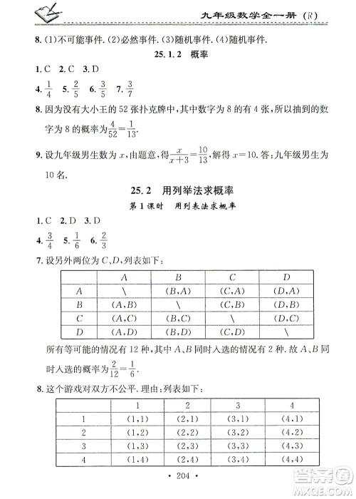 广东经济出版社2021名校课堂小练习数学九年级全一册R人教版答案