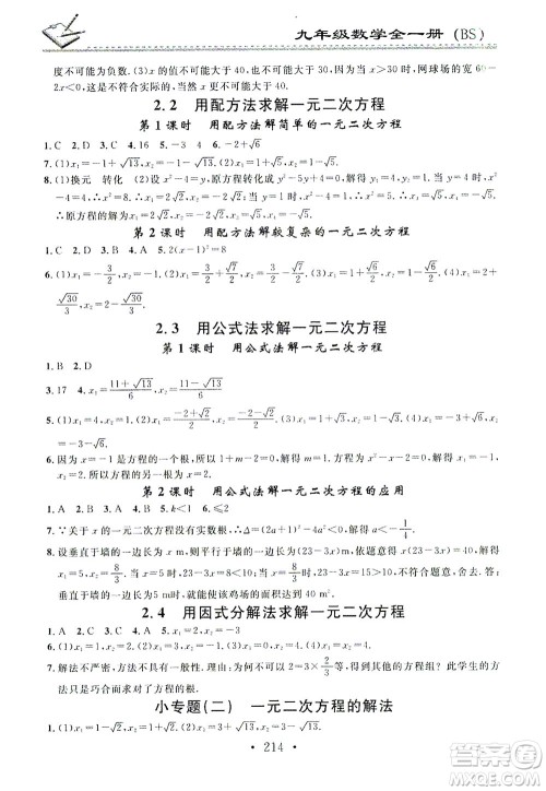 广东经济出版社2021名校课堂小练习数学九年级全一册BS北师大版答案