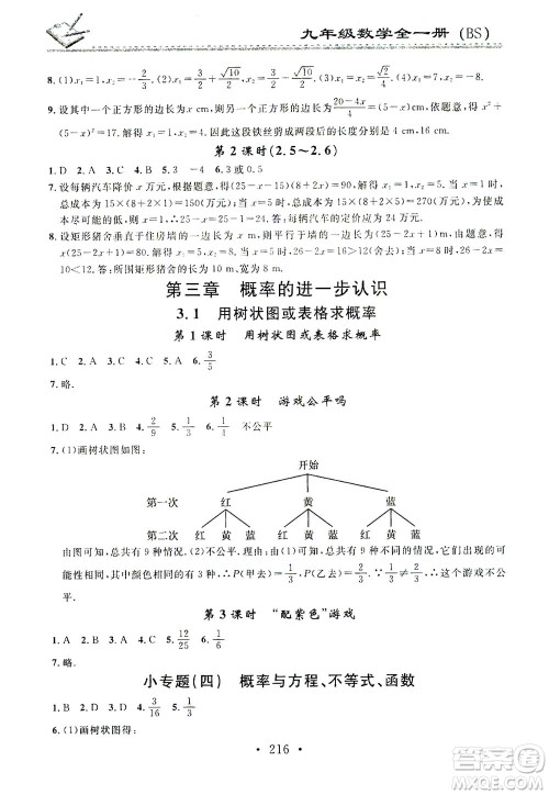 广东经济出版社2021名校课堂小练习数学九年级全一册BS北师大版答案