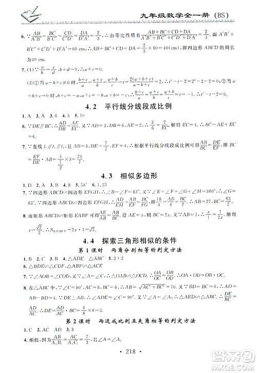广东经济出版社2021名校课堂小练习数学九年级全一册BS北师大版答案 广东经济出版社2021名校课堂小练习数学九年级全一册BS北师大版答案