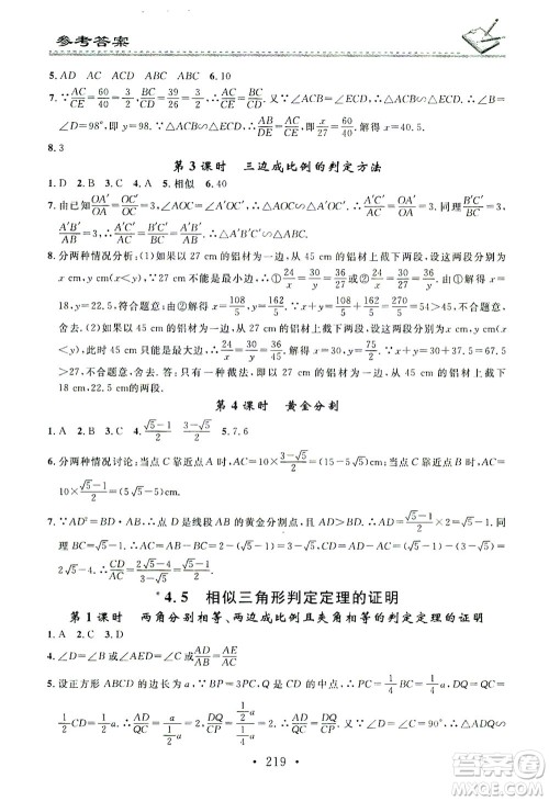 广东经济出版社2021名校课堂小练习数学九年级全一册BS北师大版答案