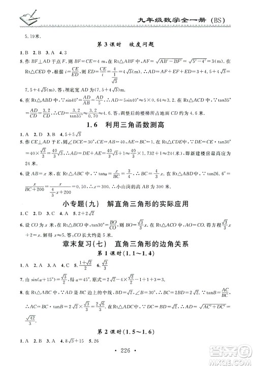 广东经济出版社2021名校课堂小练习数学九年级全一册BS北师大版答案