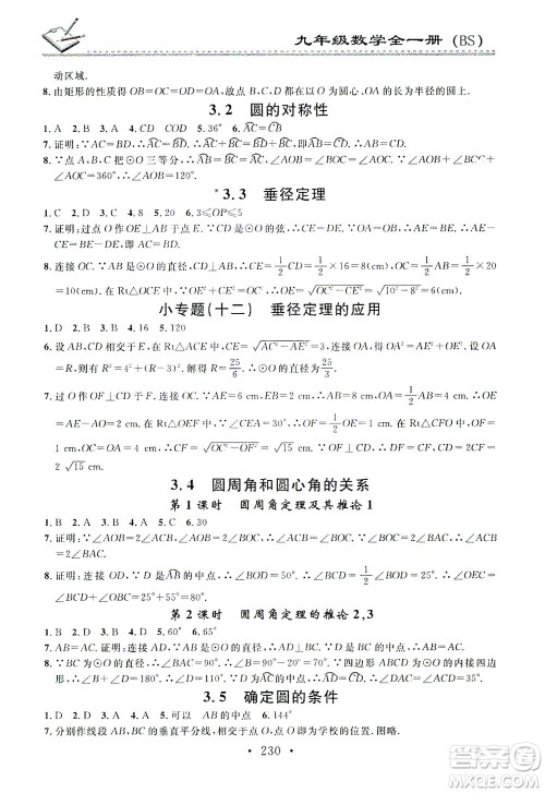 广东经济出版社2021名校课堂小练习数学九年级全一册BS北师大版答案