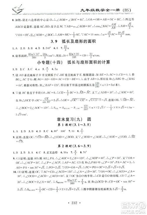 广东经济出版社2021名校课堂小练习数学九年级全一册BS北师大版答案