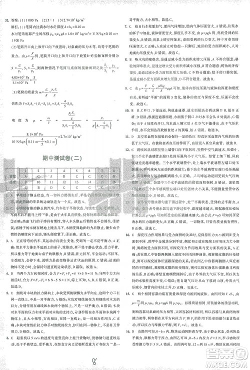 首都师范大学出版社2021年5年中考3年模拟初中试卷物理八年级下册沪科版参考答案