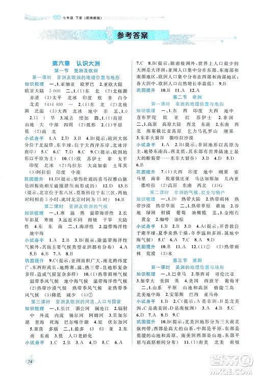 广西教育出版社2021新课程学习与测评同步学习地理七年级下册湘教版答案