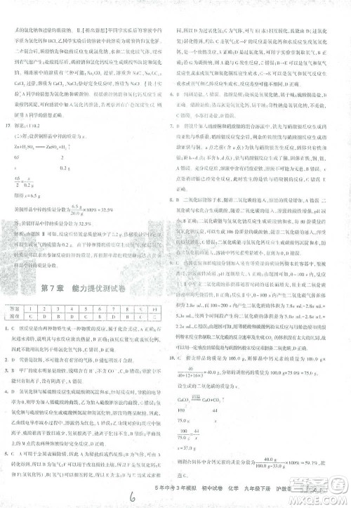首都师范大学出版社2021年5年中考3年模拟初中试卷化学九年级下册沪教版参考答案