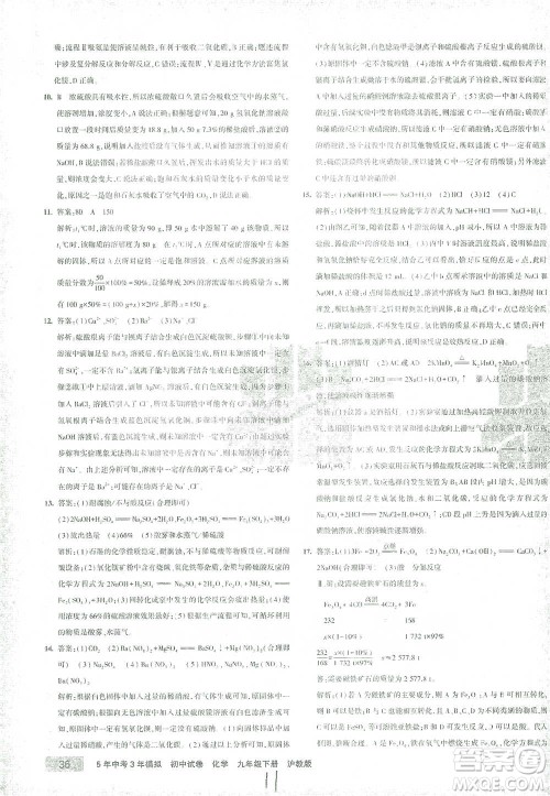 首都师范大学出版社2021年5年中考3年模拟初中试卷化学九年级下册沪教版参考答案