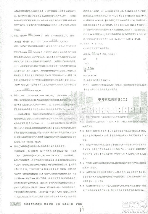 首都师范大学出版社2021年5年中考3年模拟初中试卷化学九年级下册沪教版参考答案