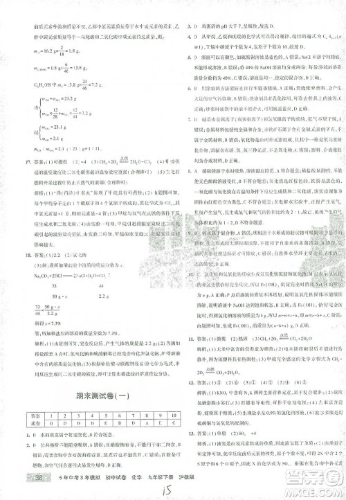 首都师范大学出版社2021年5年中考3年模拟初中试卷化学九年级下册沪教版参考答案