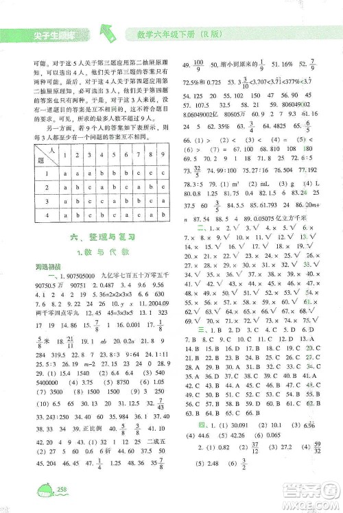 辽宁教育出版社2021尖子生题库数学六年级下册人教版参考答案