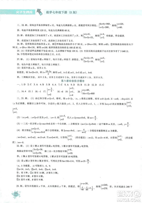 辽宁教育出版社2021尖子生题库数学七年级下册人教版参考答案
