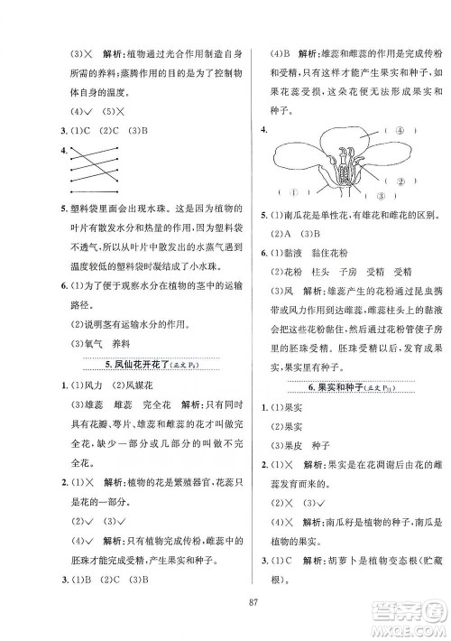 陕西人民教育出版社2021小学教材全练四年级下册科学教育科学版参考答案