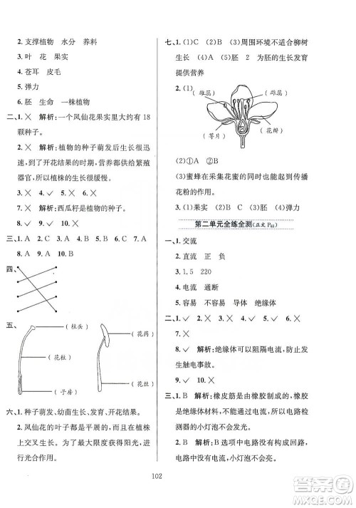 陕西人民教育出版社2021小学教材全练四年级下册科学教育科学版参考答案