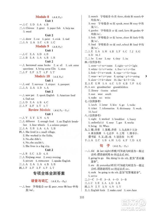 陕西人民教育出版社2021小学教材全练英语五年级下册外研版参考答案