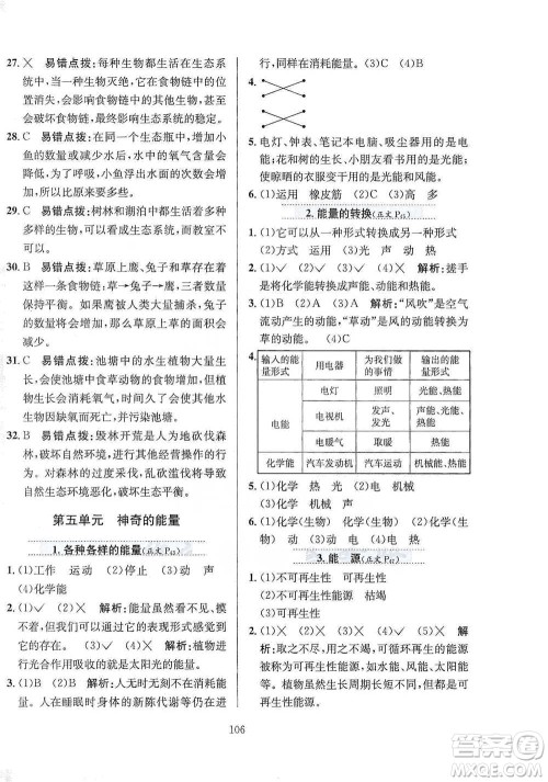 陕西人民教育出版社2021小学教材全练六年级下册科学苏教版参考答案