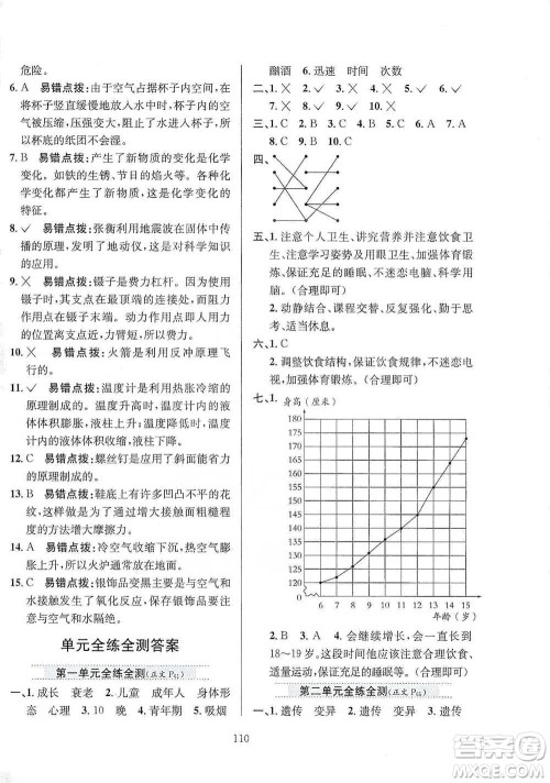 陕西人民教育出版社2021小学教材全练六年级下册科学苏教版参考答案 陕西人民教育出版社2021小学教材全练六年级下册科学苏教版参考答案