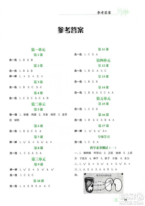 辽宁教育出版社2021小学科学实验册四年级下册参考答案