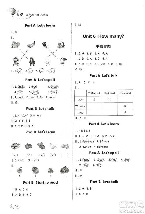 山东科学技术出版社2021小学同步练习册英语三年级下册人教版参考答案