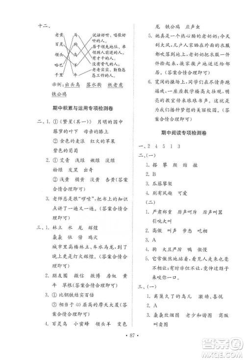 山东教育出版社2021小学同步练习册配套检测卷语文四年级下册人教版参考答案