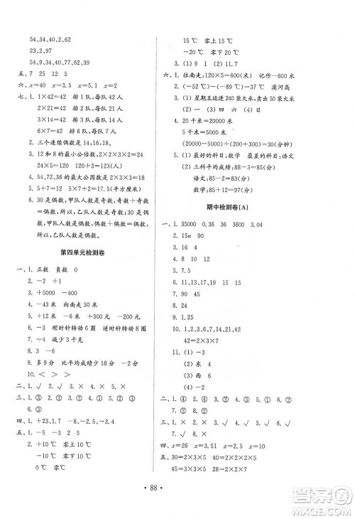 山东教育出版社2021小学同步练习册配套检测卷数学四年级下册青岛版参考答案