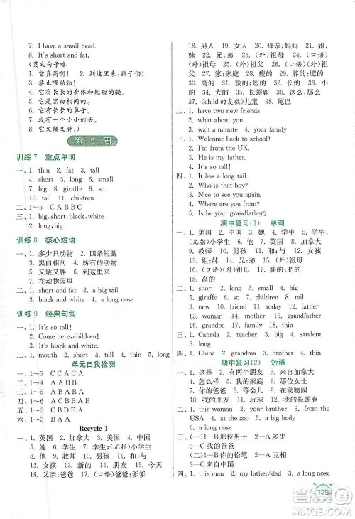 江苏人民出版社2021小学英语默写高手三年级下册人教PEP版参考答案