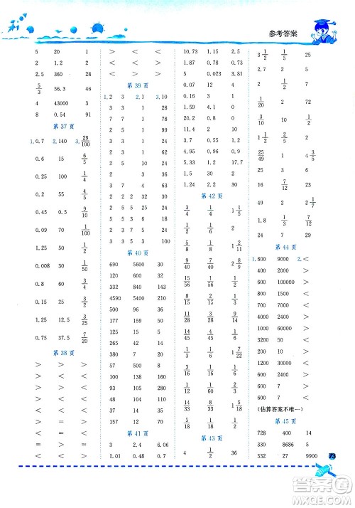 龙门书局2021黄冈小状元口算速算练习册六年级数学下R人教版答案