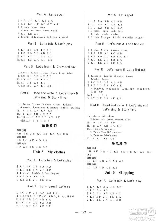 陕西人民出版社2021实验教材新学案英语四年级下册人教PEP版参考答案