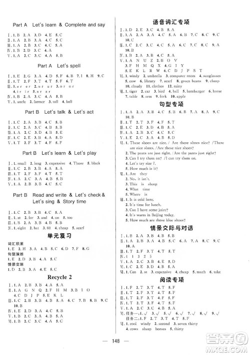 陕西人民出版社2021实验教材新学案英语四年级下册人教PEP版参考答案